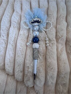 Rhinestone Pearl Tulle Decorative Pen - Blue & White